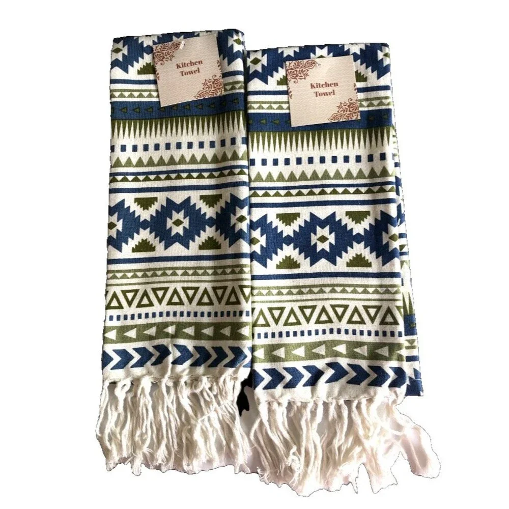 Southwest Kitchen Dish Tea Towels Tasseled Blue Navajo Native American Set Of 2